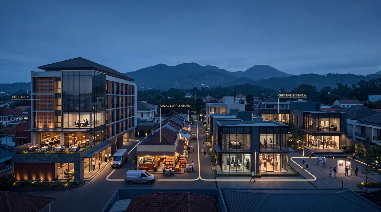Ilustrasi kawasan hotel, kuliner, dan toko kreatif yang tersambung jalur pasokan lokal